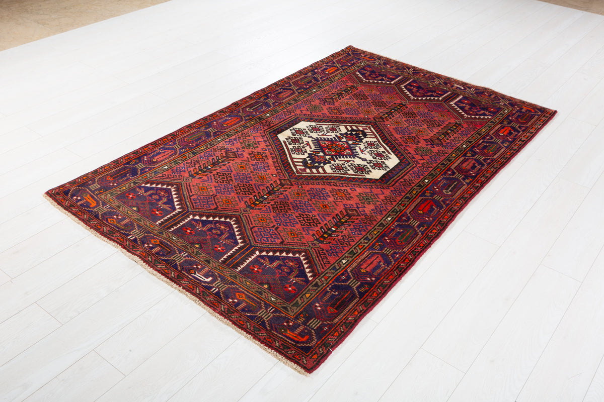 Vintage Rust Red & Navy Blue Geometric Area Rug – 6' 11" x 4' 2" (211 x 128 cm)