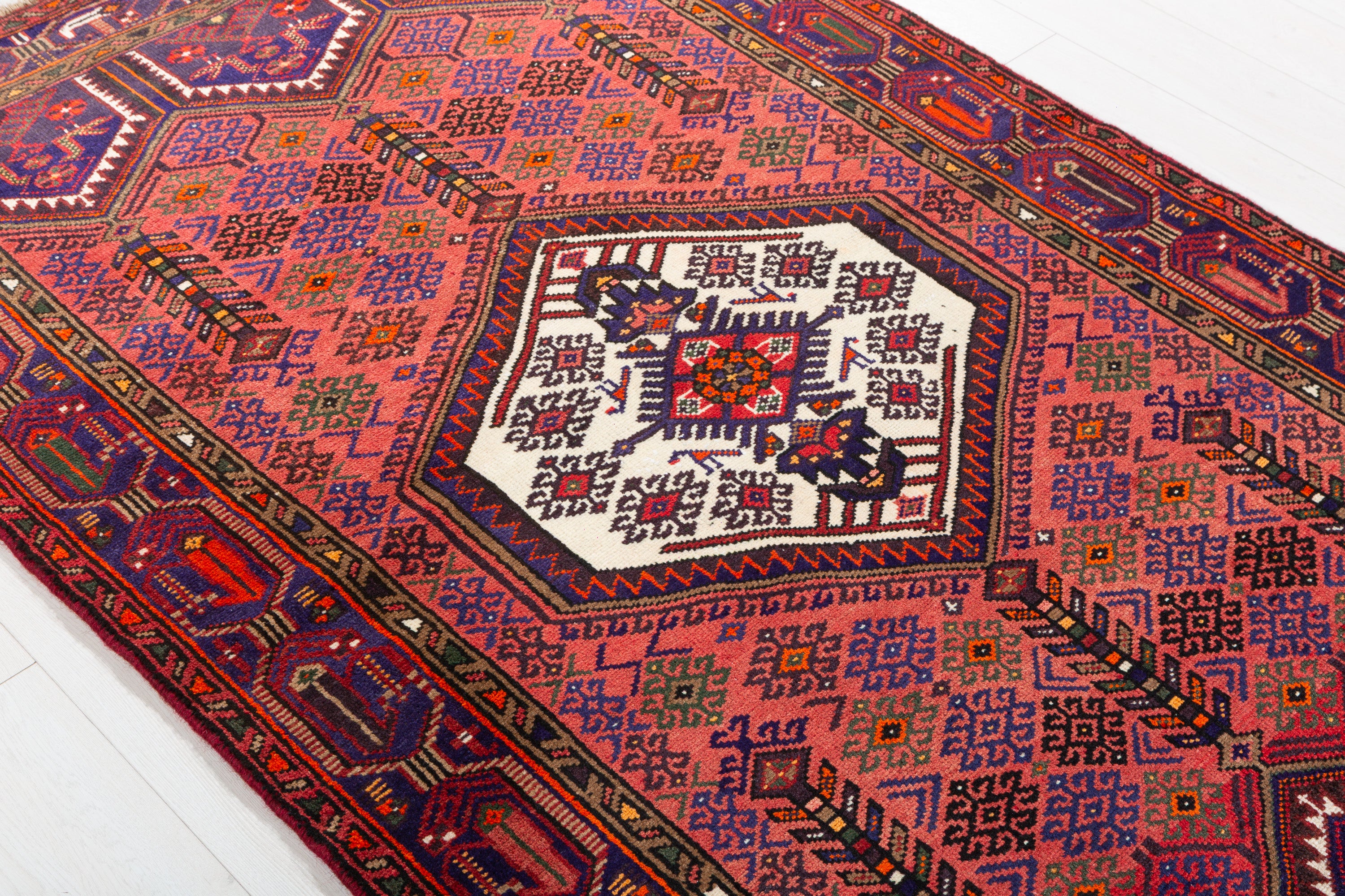 Vintage Rust Red & Navy Blue Geometric Area Rug – 6' 11" x 4' 2" (211 x 128 cm)