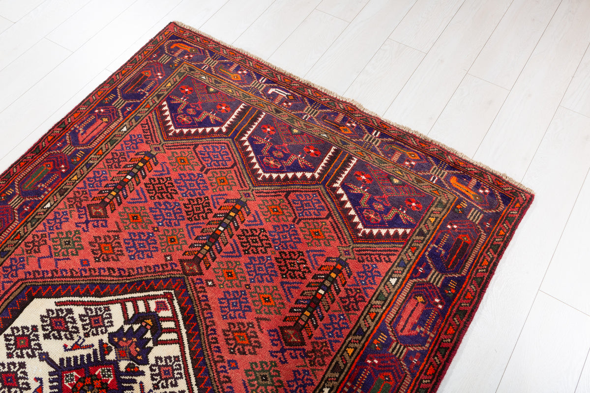 Vintage Rust Red & Navy Blue Geometric Area Rug – 6' 11" x 4' 2" (211 x 128 cm)