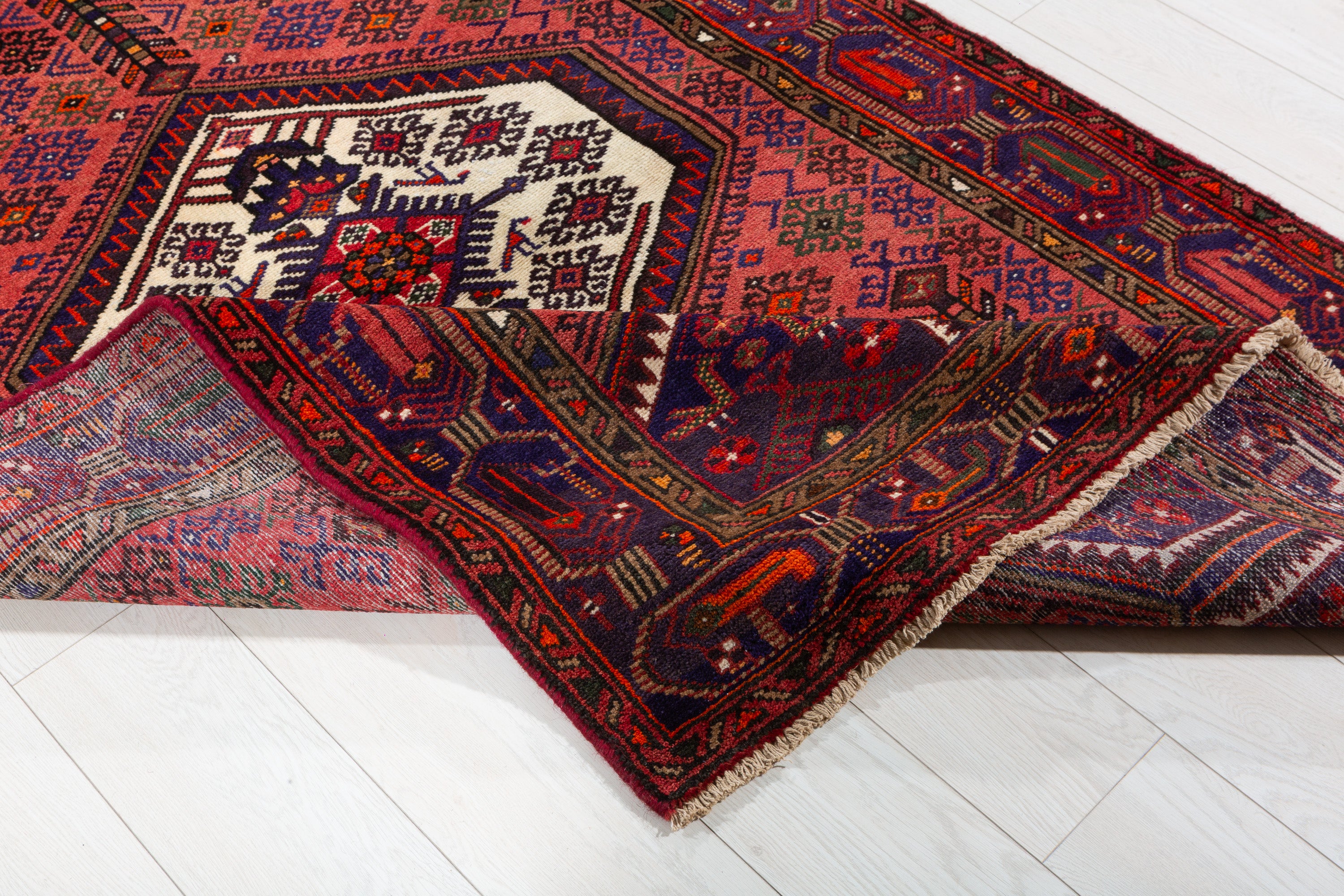 Vintage Rust Red & Navy Blue Geometric Area Rug – 6' 11" x 4' 2" (211 x 128 cm)