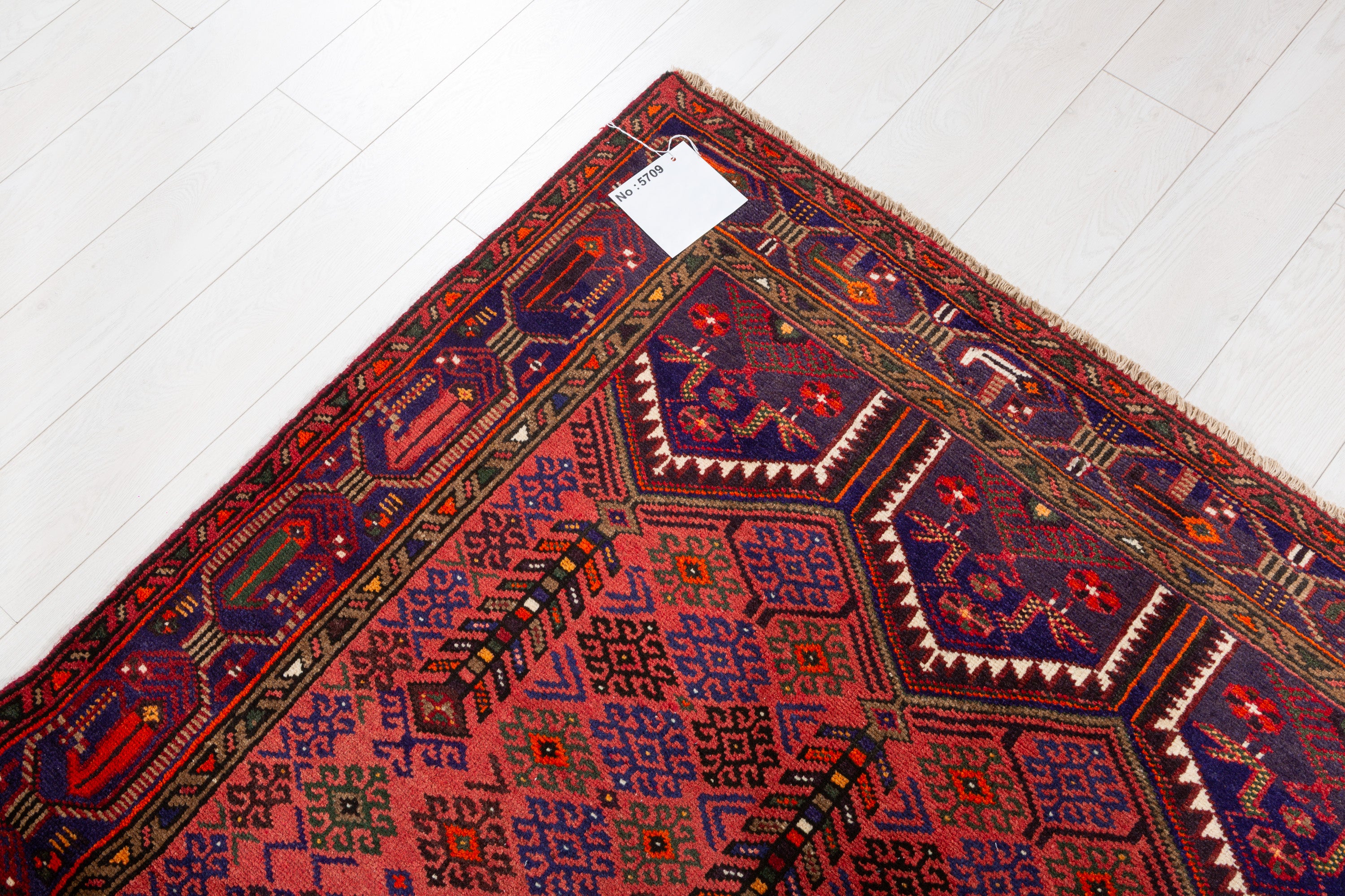 Vintage Rust Red & Navy Blue Geometric Area Rug – 6' 11" x 4' 2" (211 x 128 cm)