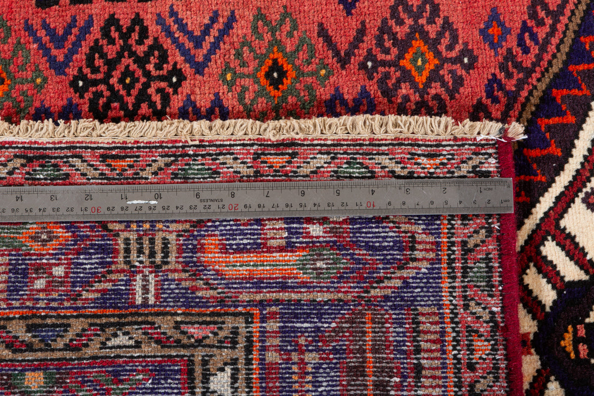 Vintage Rust Red & Navy Blue Geometric Area Rug – 6' 11" x 4' 2" (211 x 128 cm)