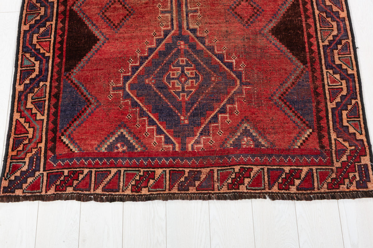 Collectible Vintage Rust Red, Navy Blue Abstract Geometric Square Rug – 4' 2" x 4' 3" (127 x 130 cm)