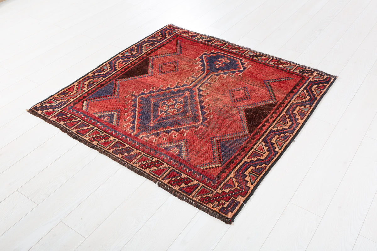 Collectible Vintage Rust Red, Navy Blue Abstract Geometric Square Rug – 4' 2" x 4' 3" (127 x 130 cm)