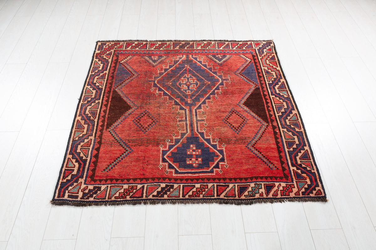 Collectible Vintage Rust Red, Navy Blue Abstract Geometric Square Rug – 4' 2" x 4' 3" (127 x 130 cm)