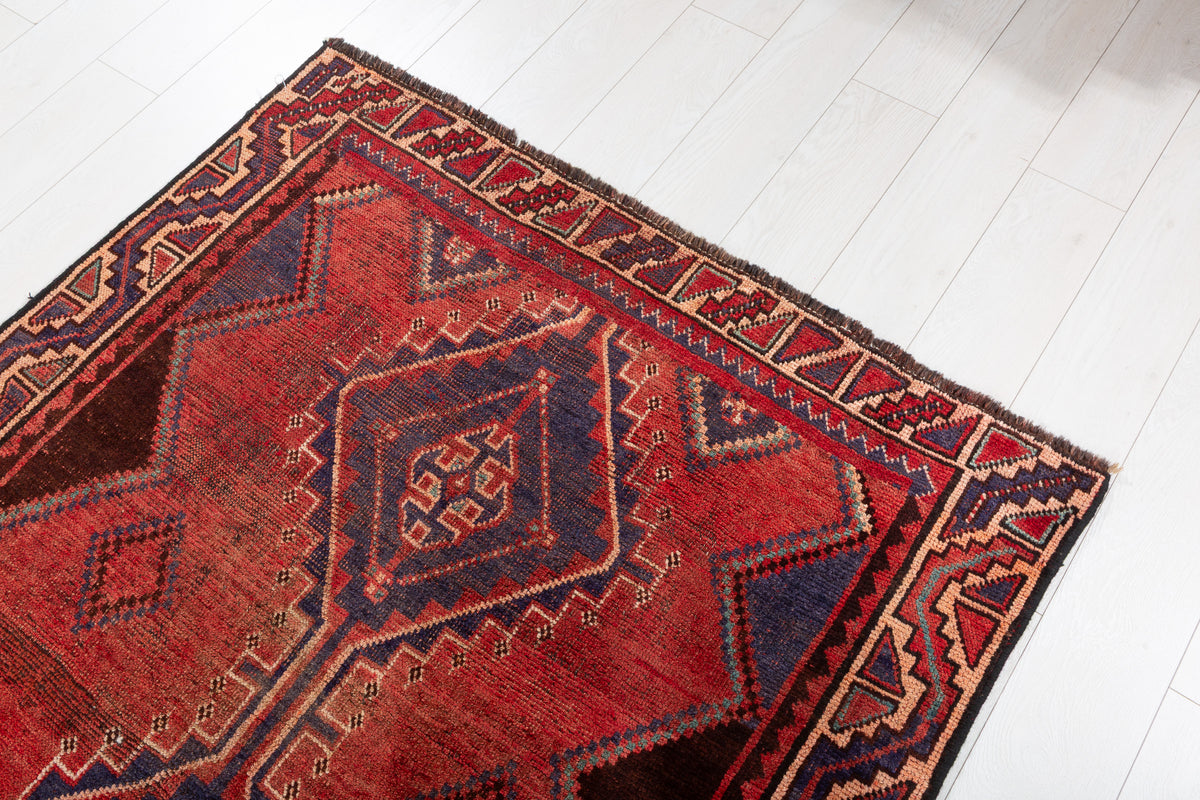 Collectible Vintage Rust Red, Navy Blue Abstract Geometric Square Rug – 4' 2" x 4' 3" (127 x 130 cm)