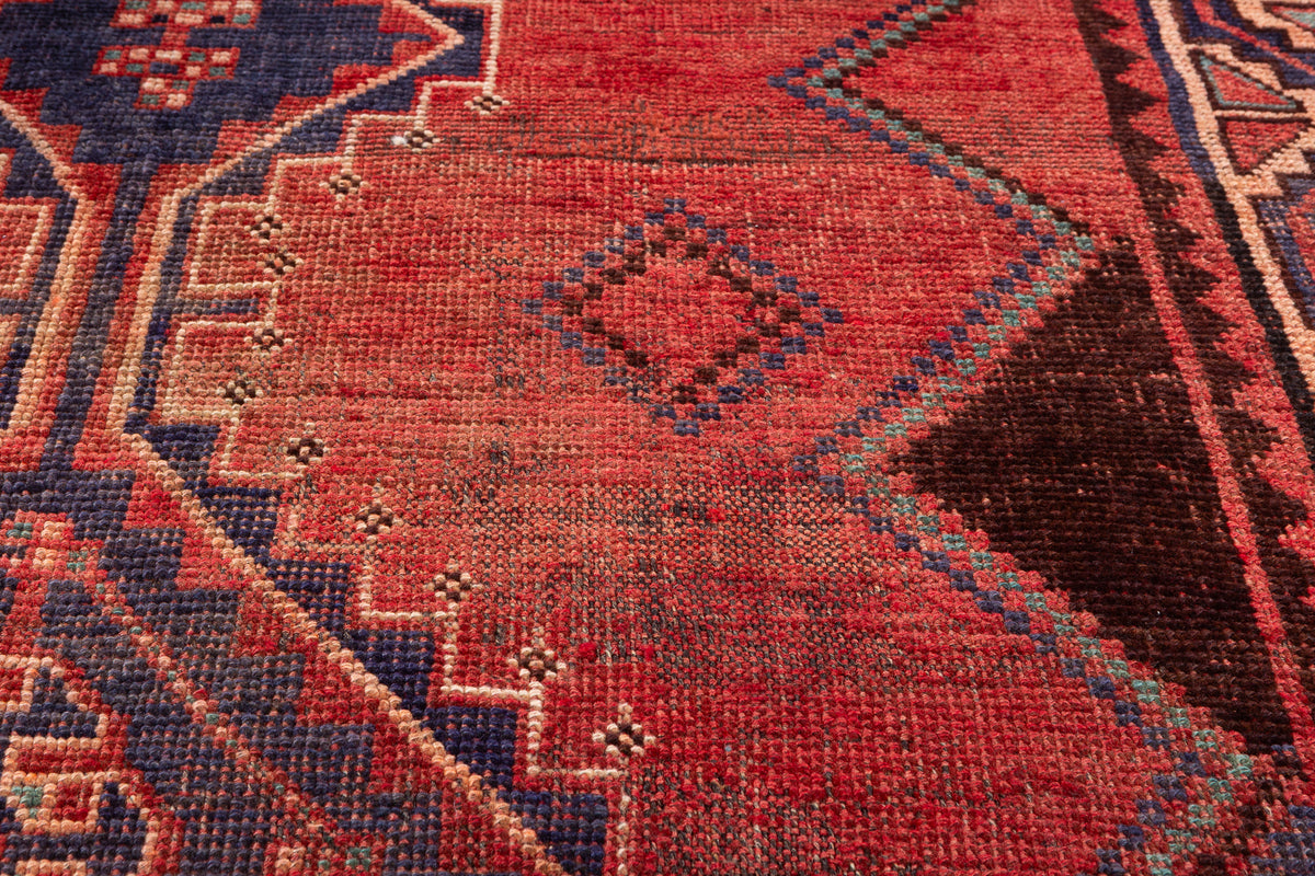 Collectible Vintage Rust Red, Navy Blue Abstract Geometric Square Rug – 4' 2" x 4' 3" (127 x 130 cm)