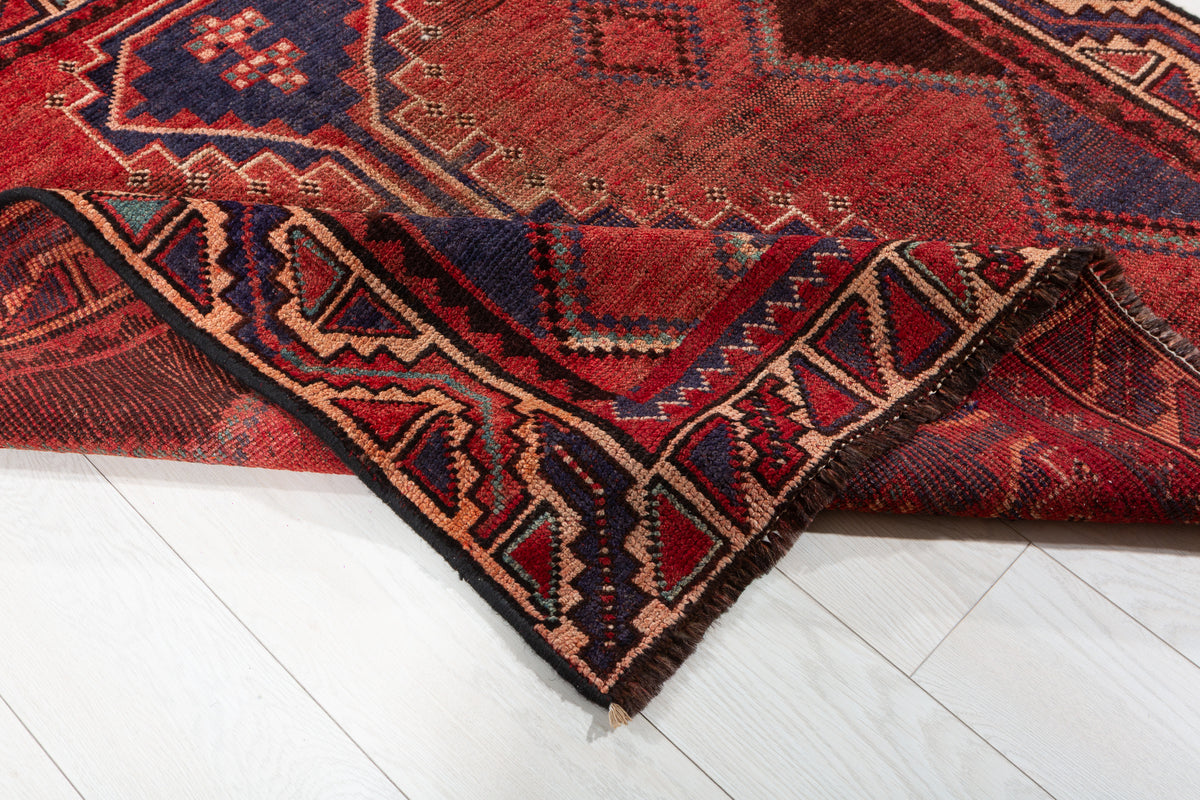 Collectible Vintage Rust Red, Navy Blue Abstract Geometric Square Rug – 4' 2" x 4' 3" (127 x 130 cm)