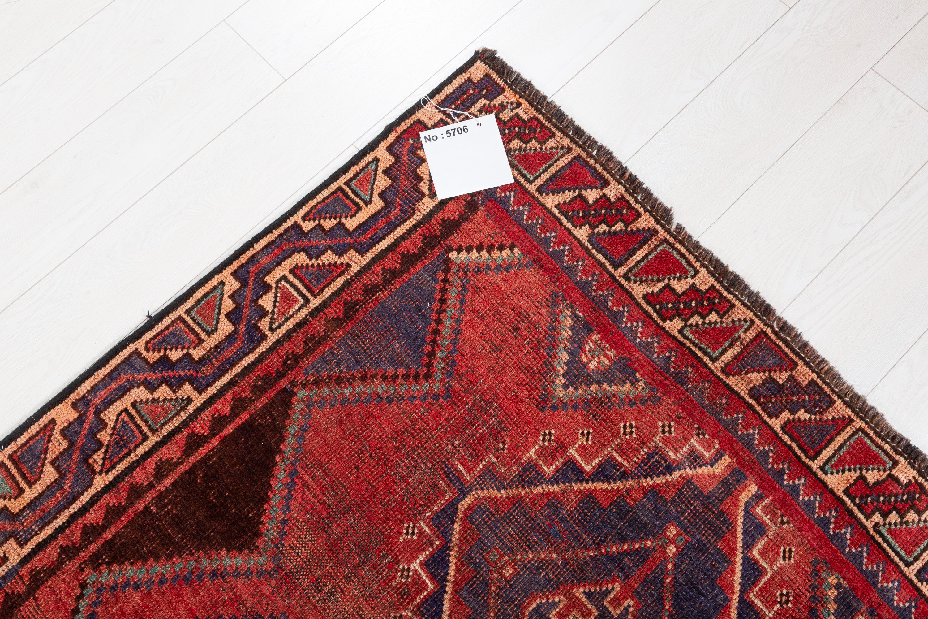 Collectible Vintage Rust Red, Navy Blue Abstract Geometric Square Rug – 4' 2" x 4' 3" (127 x 130 cm)
