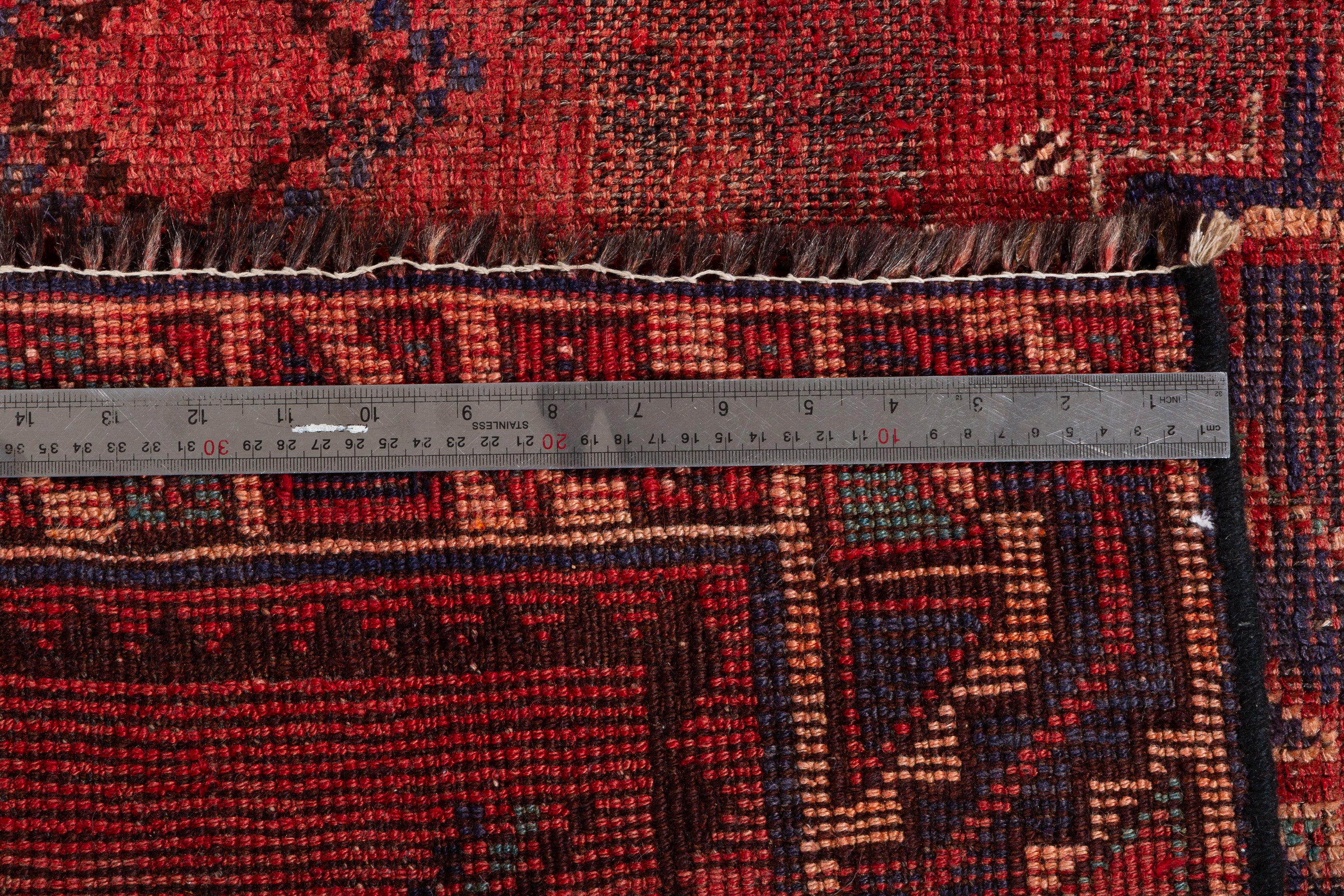 Collectible Vintage Rust Red, Navy Blue Abstract Geometric Square Rug – 4' 2" x 4' 3" (127 x 130 cm)