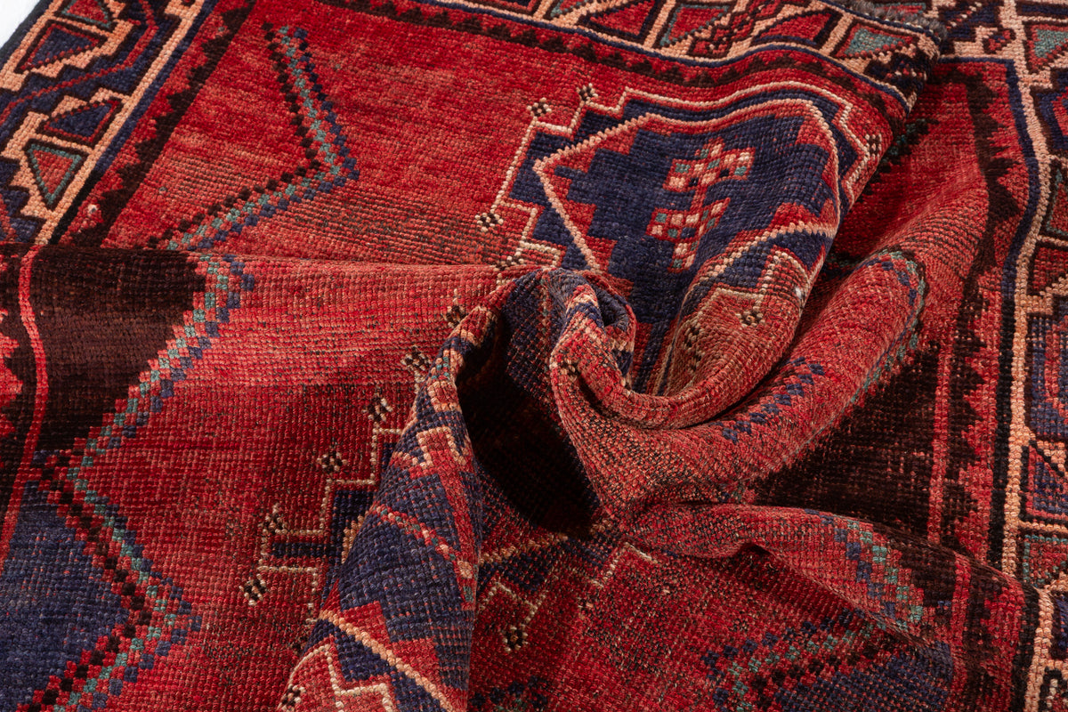 Collectible Vintage Rust Red, Navy Blue Abstract Geometric Square Rug – 4' 2" x 4' 3" (127 x 130 cm)