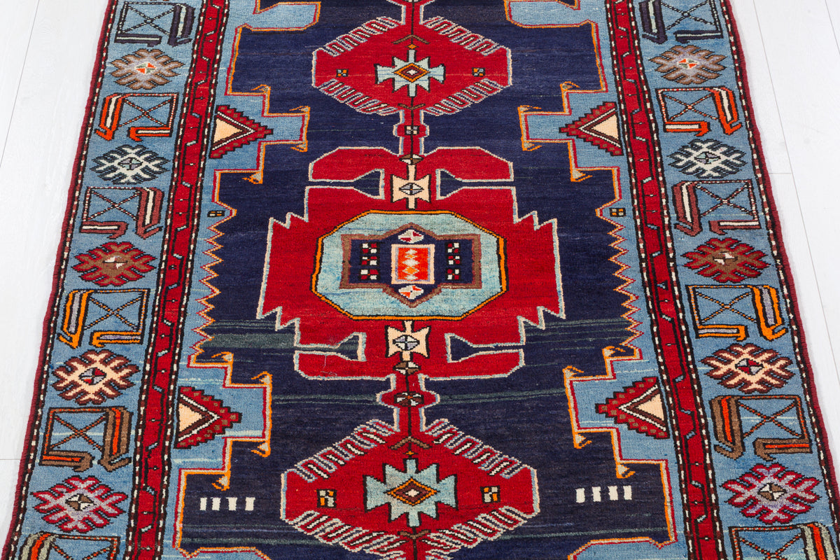 Collectible Vintage Red, Navy Blue Triple Medallion Area Rug – 7' 1" x 4' 2" (216 x 127 cm)