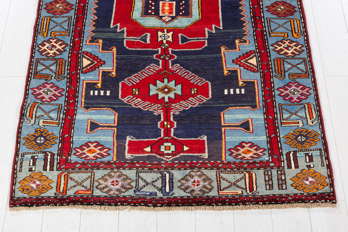 Collectible Vintage Red, Navy Blue Triple Medallion Area Rug – 7' 1" x 4' 2" (216 x 127 cm)