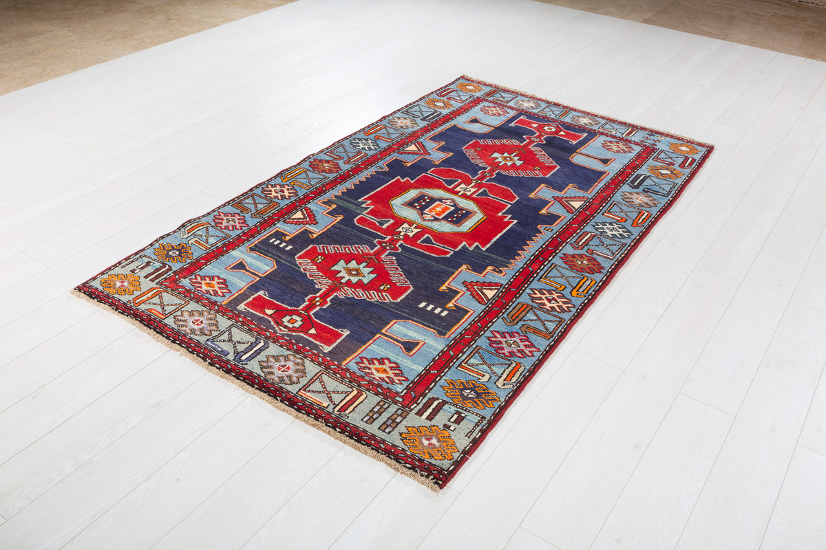 Collectible Vintage Red, Navy Blue Triple Medallion Area Rug – 7' 1" x 4' 2" (216 x 127 cm)
