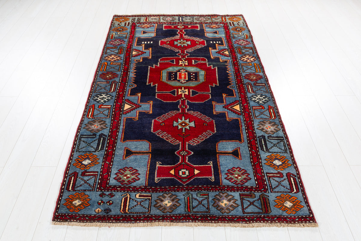 Collectible Vintage Red, Navy Blue Triple Medallion Area Rug – 7' 1" x 4' 2" (216 x 127 cm)