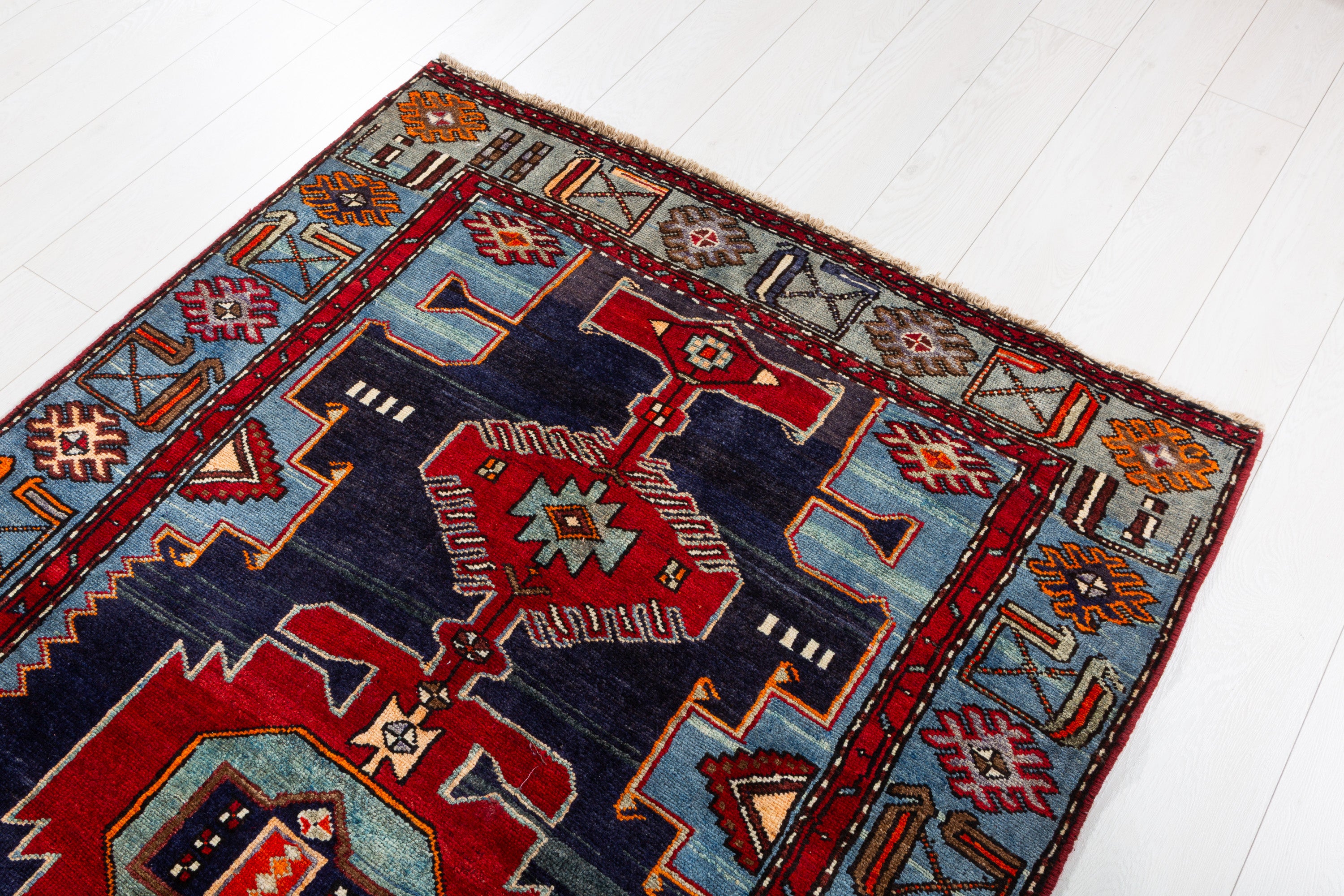 Collectible Vintage Red, Navy Blue Triple Medallion Area Rug – 7' 1" x 4' 2" (216 x 127 cm)
