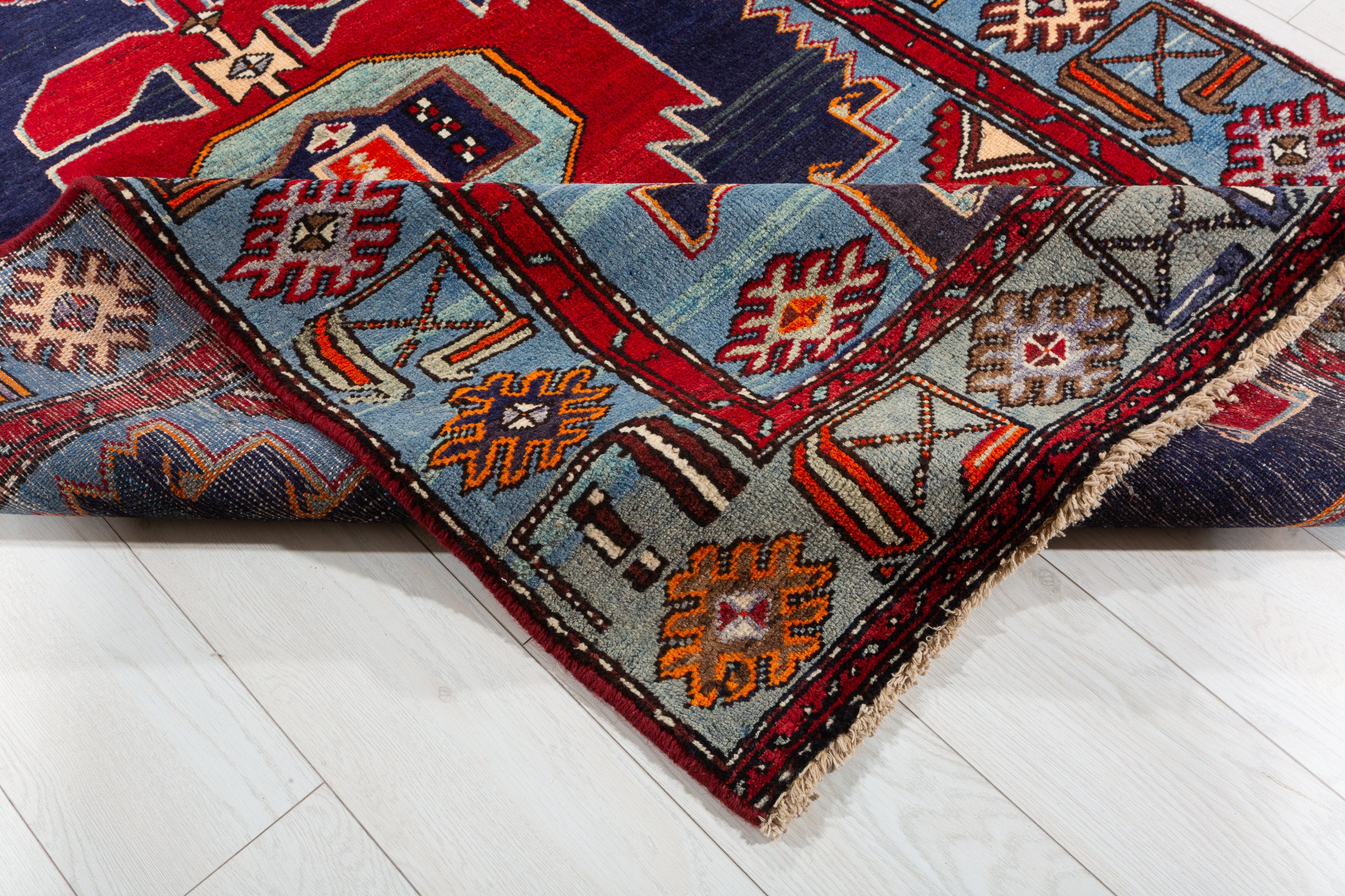 Collectible Vintage Red, Navy Blue Triple Medallion Area Rug – 7' 1" x 4' 2" (216 x 127 cm)