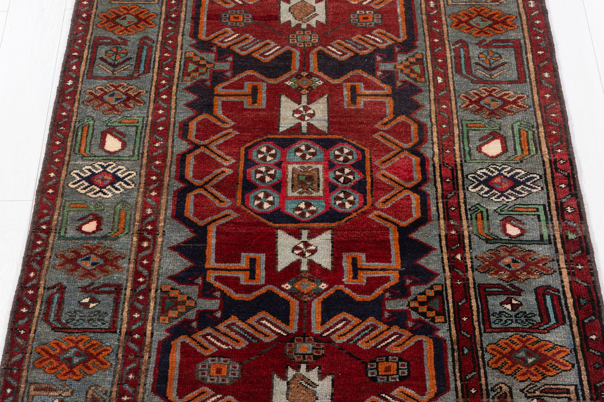 Collectible Vintage Red, Navy Blue Geometric Medallion Area Rug – 6' 10" x 3' 11" (209 x 120 cm)