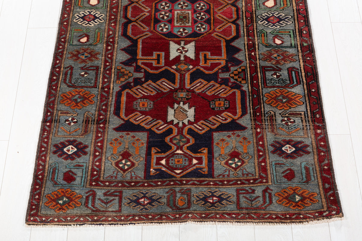 Collectible Vintage Red, Navy Blue Geometric Medallion Area Rug – 6' 10" x 3' 11" (209 x 120 cm)