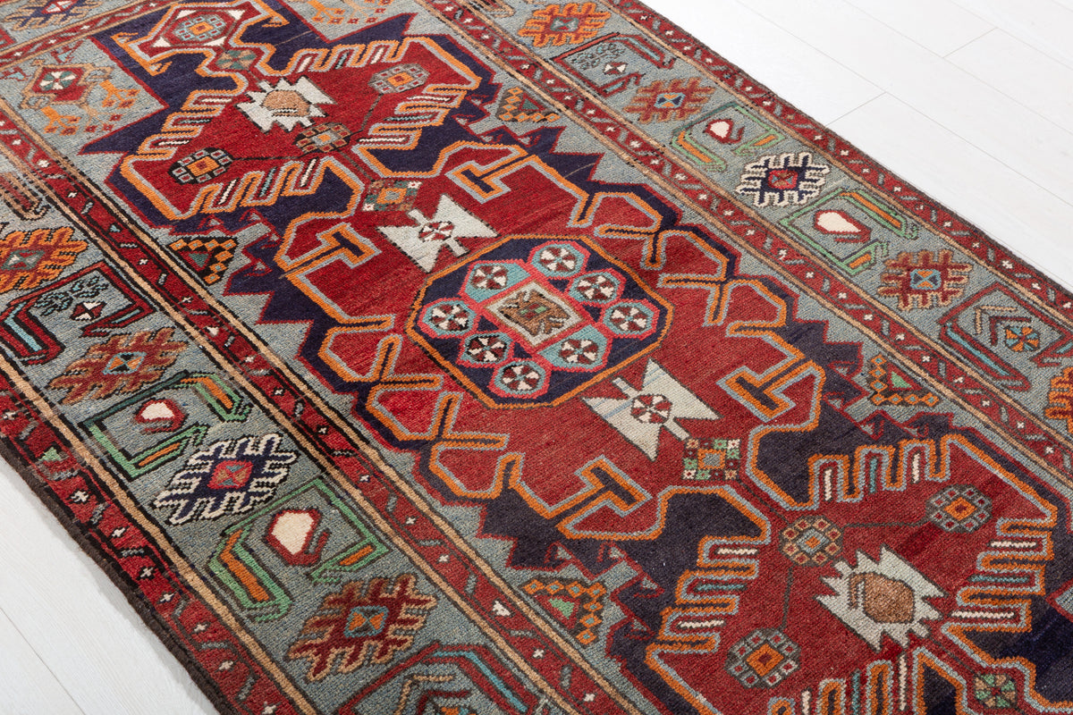 Collectible Vintage Red, Navy Blue Geometric Medallion Area Rug – 6' 10" x 3' 11" (209 x 120 cm)