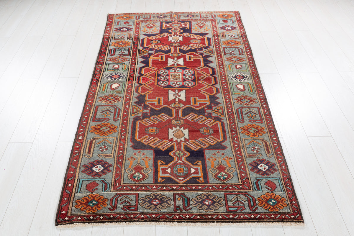 Collectible Vintage Red, Navy Blue Geometric Medallion Area Rug – 6' 10" x 3' 11" (209 x 120 cm)