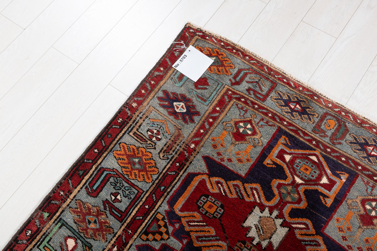 Collectible Vintage Red, Navy Blue Geometric Medallion Area Rug – 6' 10" x 3' 11" (209 x 120 cm)
