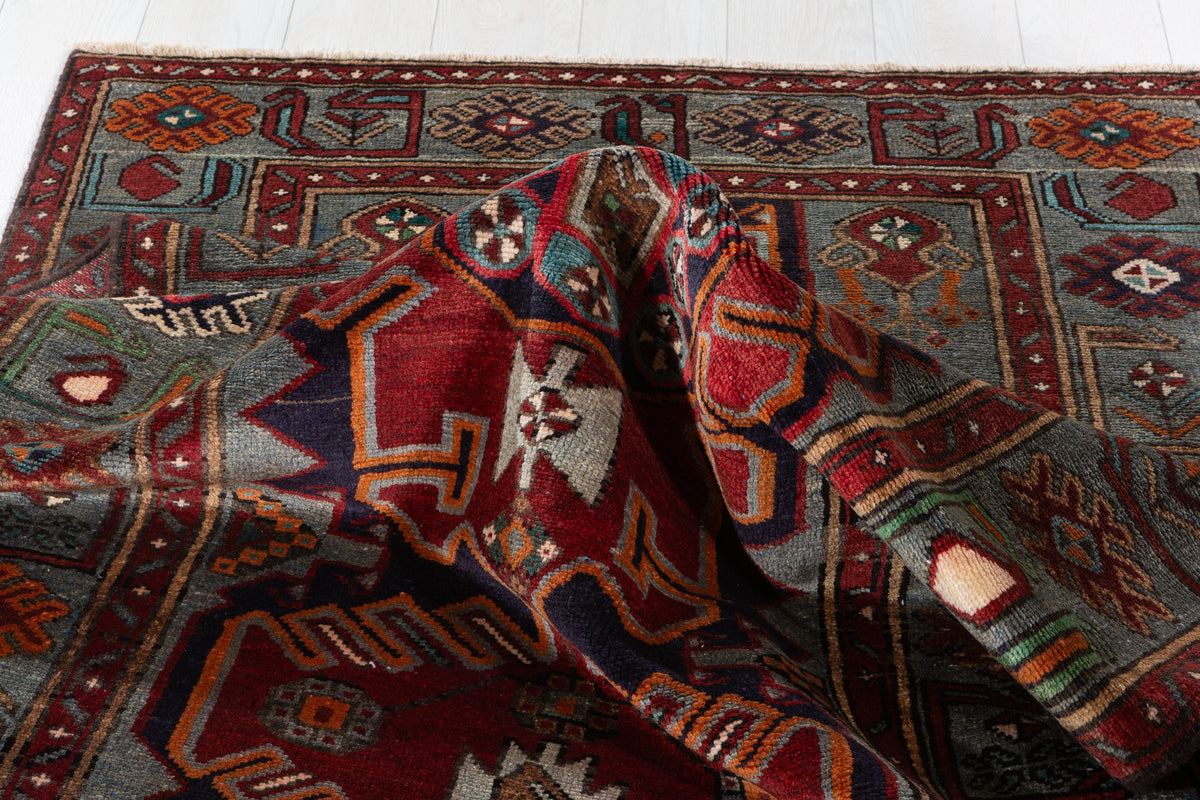 Collectible Vintage Red, Navy Blue Geometric Medallion Area Rug – 6' 10" x 3' 11" (209 x 120 cm)