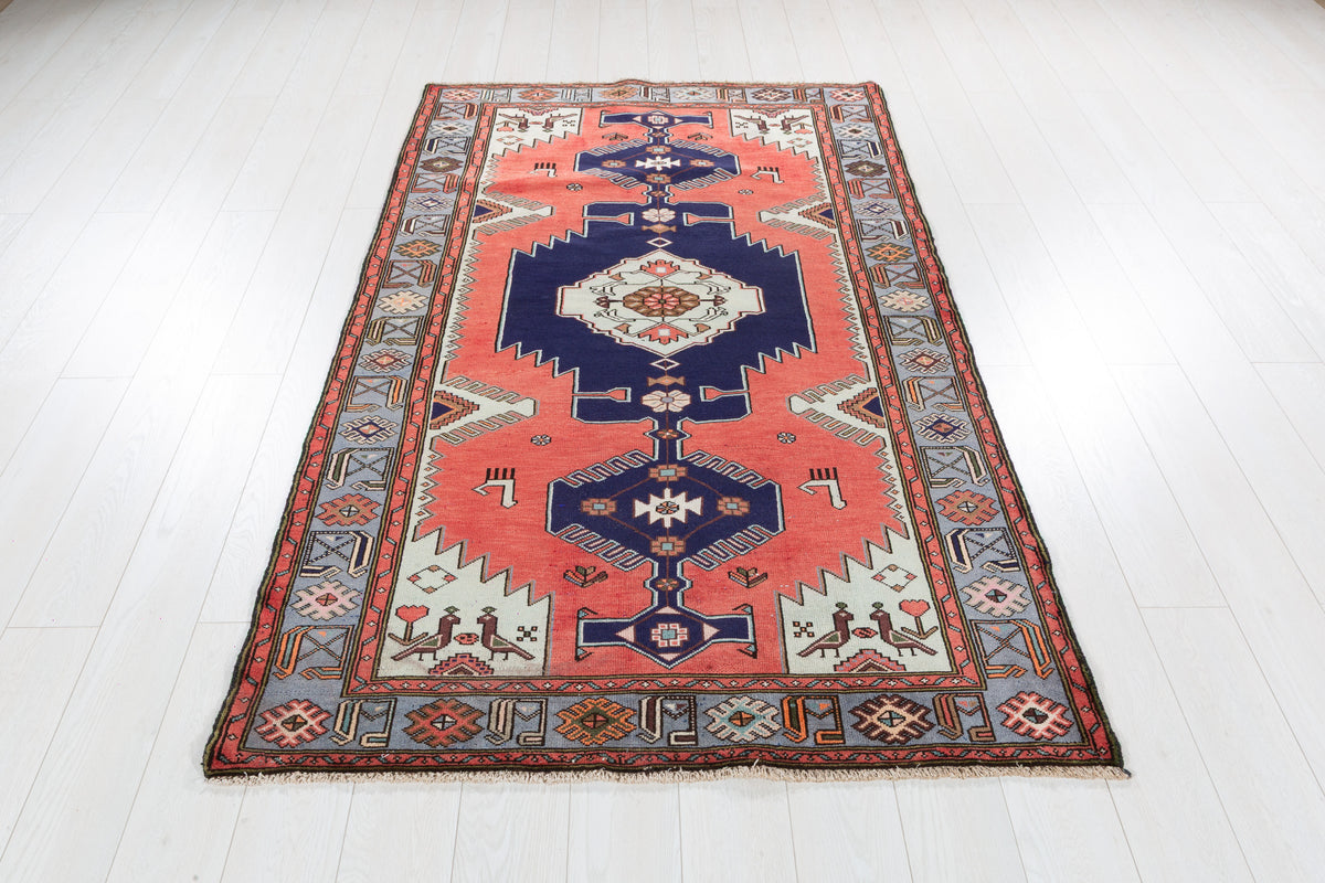 Collectible Vintage Coral, Navy Blue Triple Medallion Area Rug – 7' 0" x 4' 2" (213 x 126 cm)