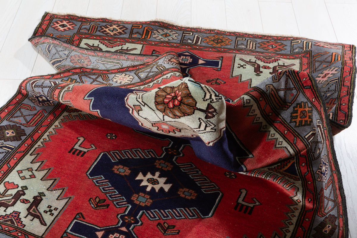 Collectible Vintage Coral, Navy Blue Triple Medallion Area Rug – 7' 0" x 4' 2" (213 x 126 cm)