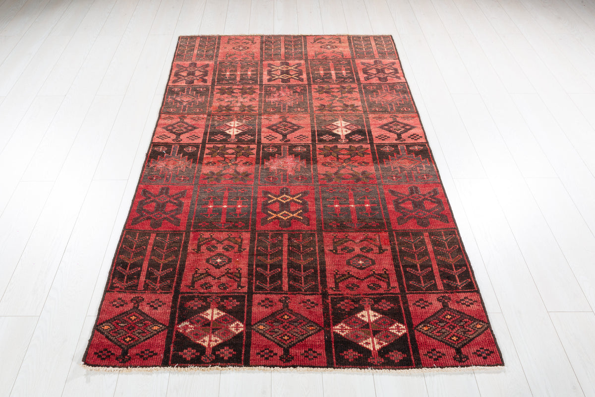 Collectible Vintage Faded Pinkish Red Compartment Design Area Rug – 6' 6" x 4' 0" (197 x 121 cm)