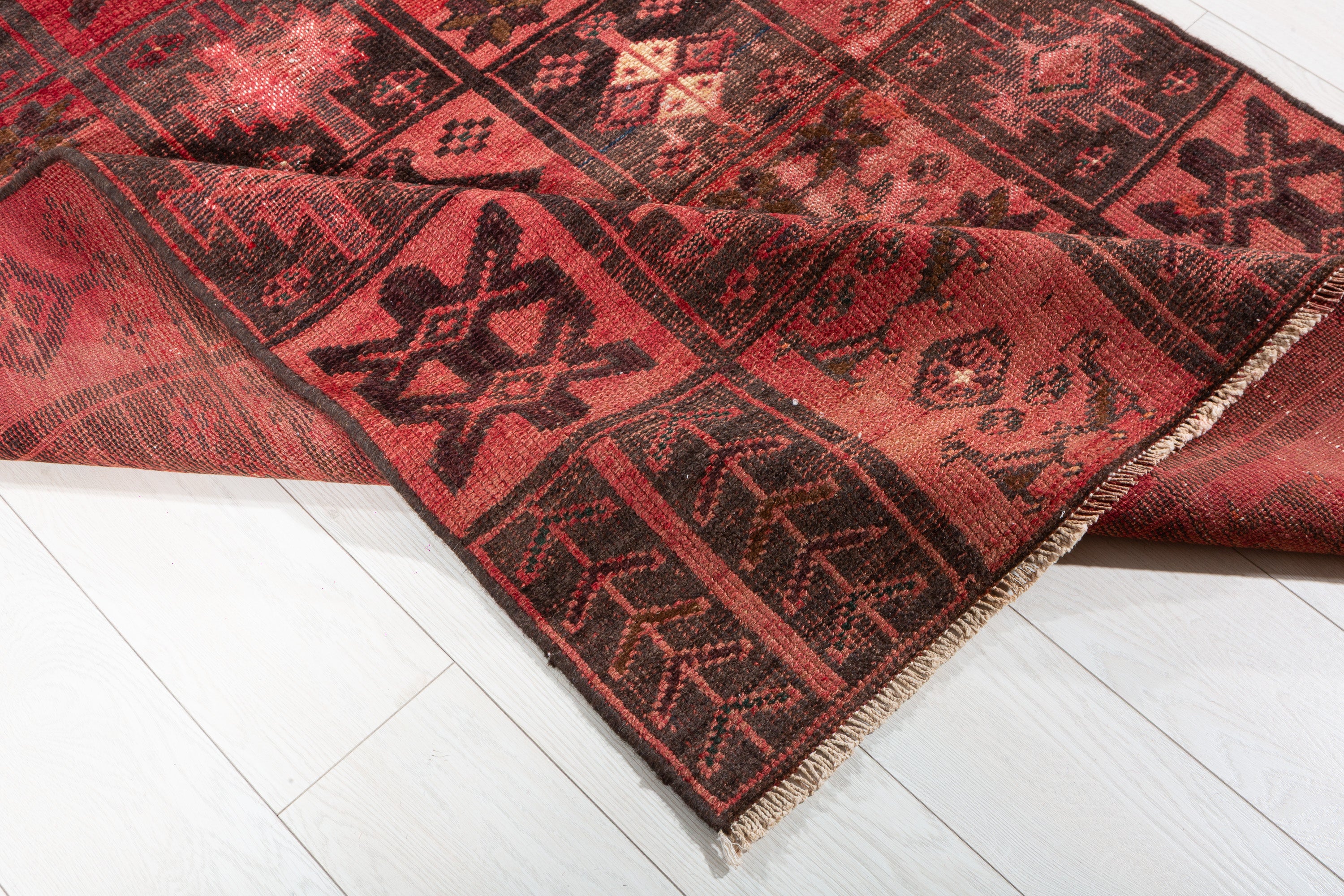 Collectible Vintage Faded Pinkish Red Compartment Design Area Rug – 6' 6" x 4' 0" (197 x 121 cm)