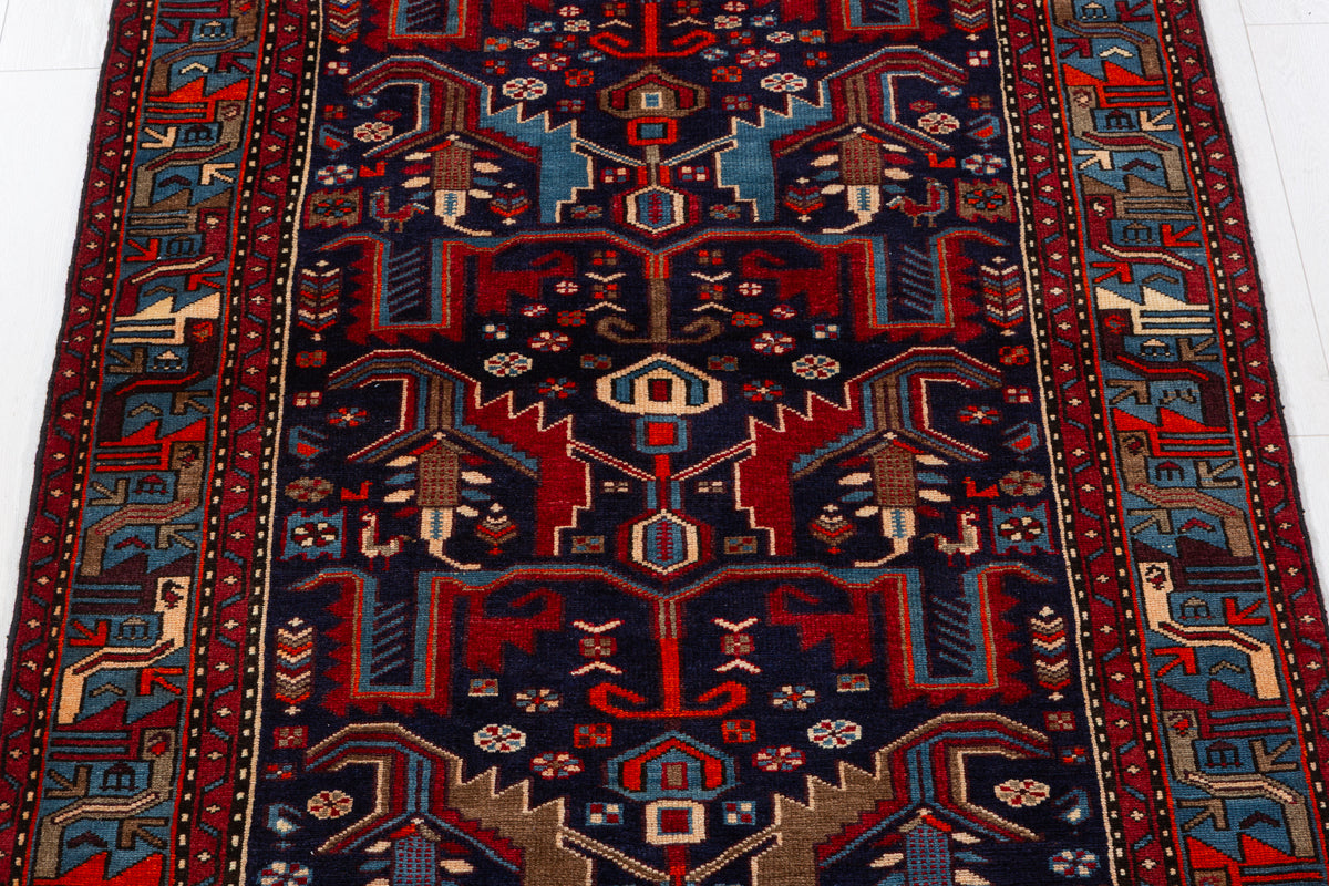 Collectible Vintage Navy Blue, Red Animal Motif Area Rug – 6' 11" x 4' 2" (212 x 127 cm)