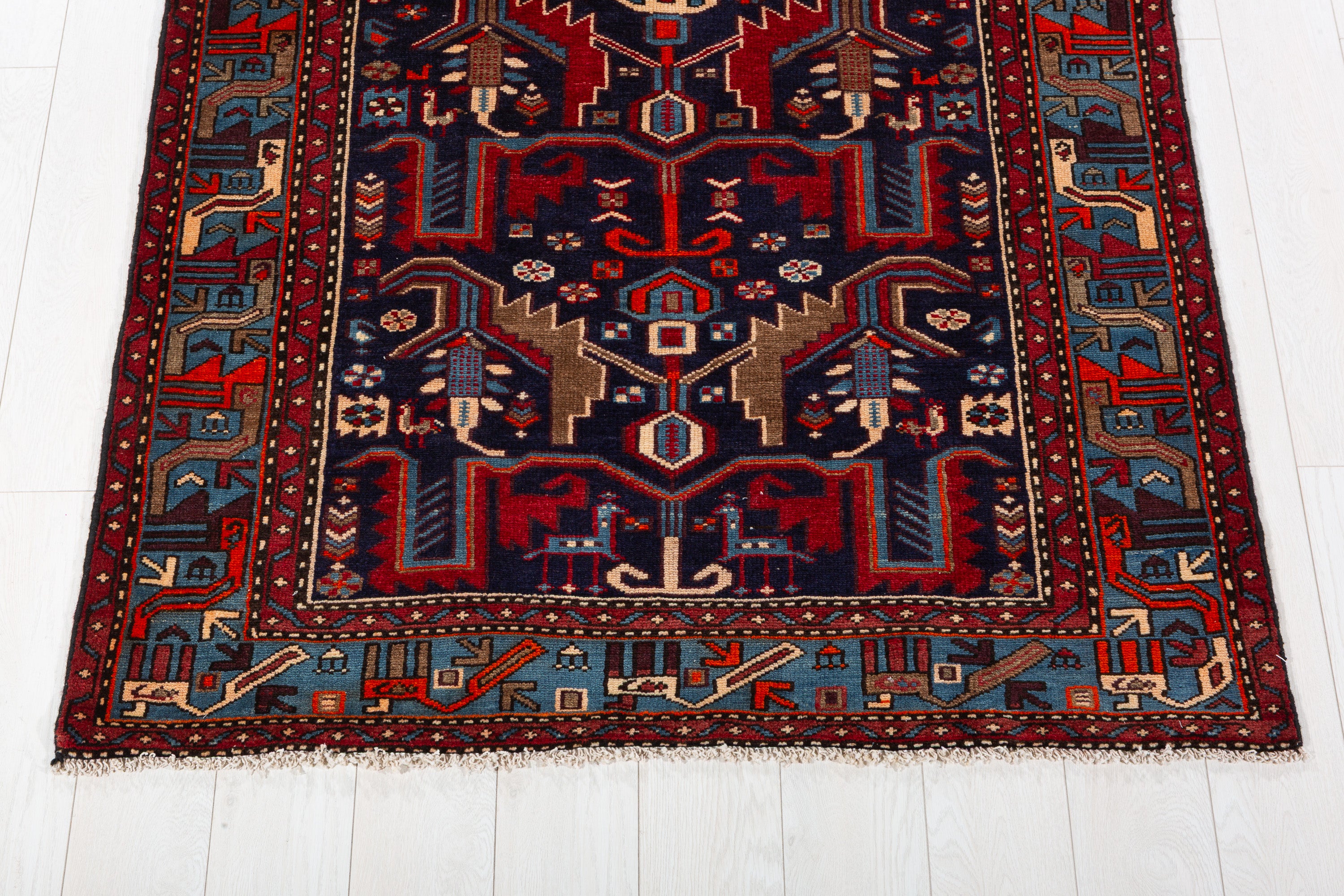 Collectible Vintage Navy Blue, Red Animal Motif Area Rug – 6' 11" x 4' 2" (212 x 127 cm)