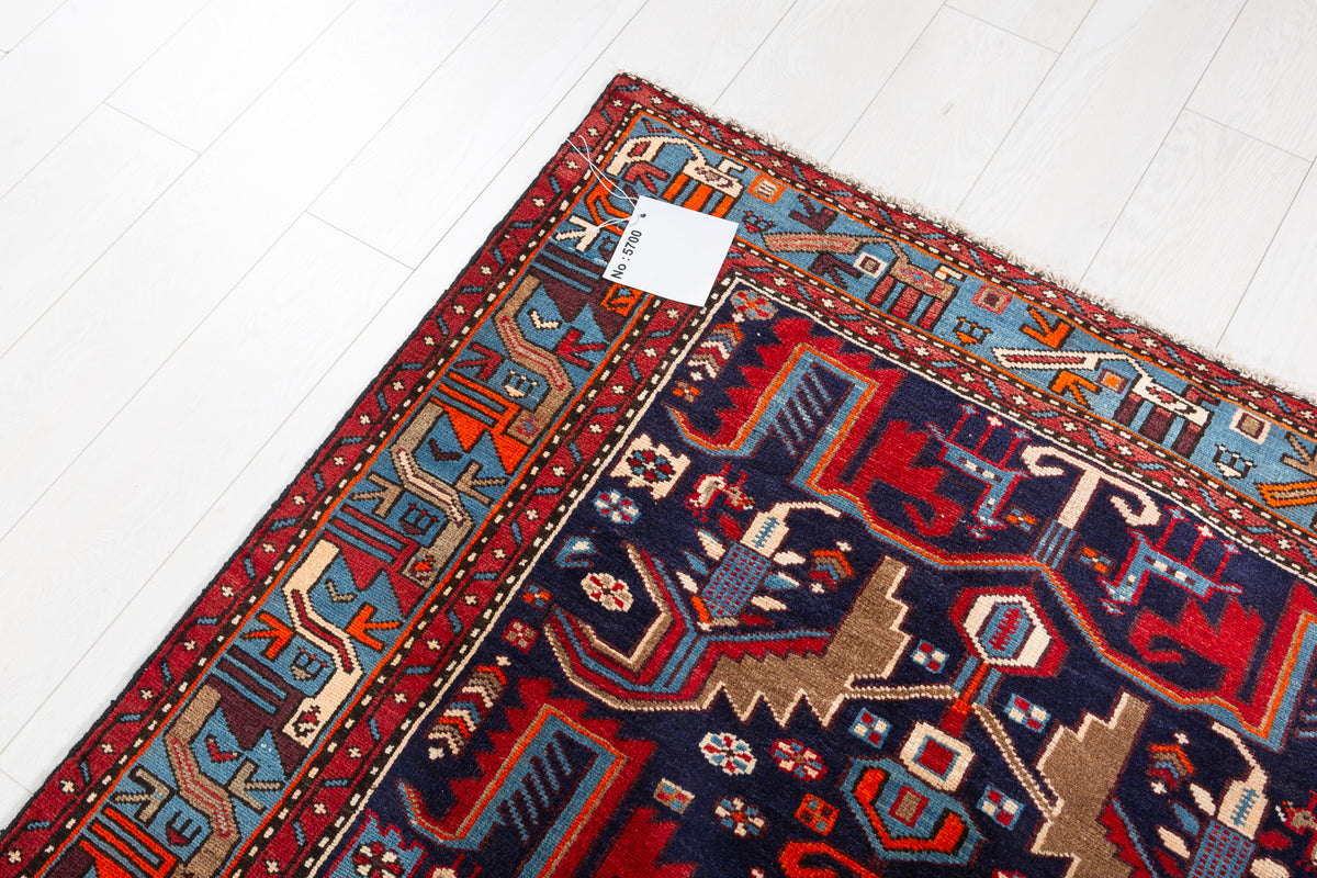 Collectible Vintage Navy Blue, Red Animal Motif Area Rug – 6' 11" x 4' 2" (212 x 127 cm)