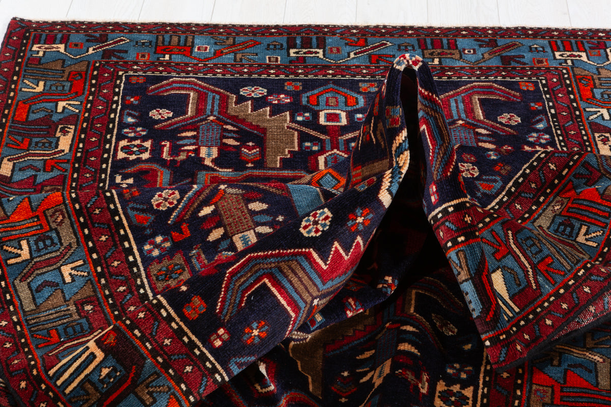 Collectible Vintage Navy Blue, Red Animal Motif Area Rug – 6' 11" x 4' 2" (212 x 127 cm)
