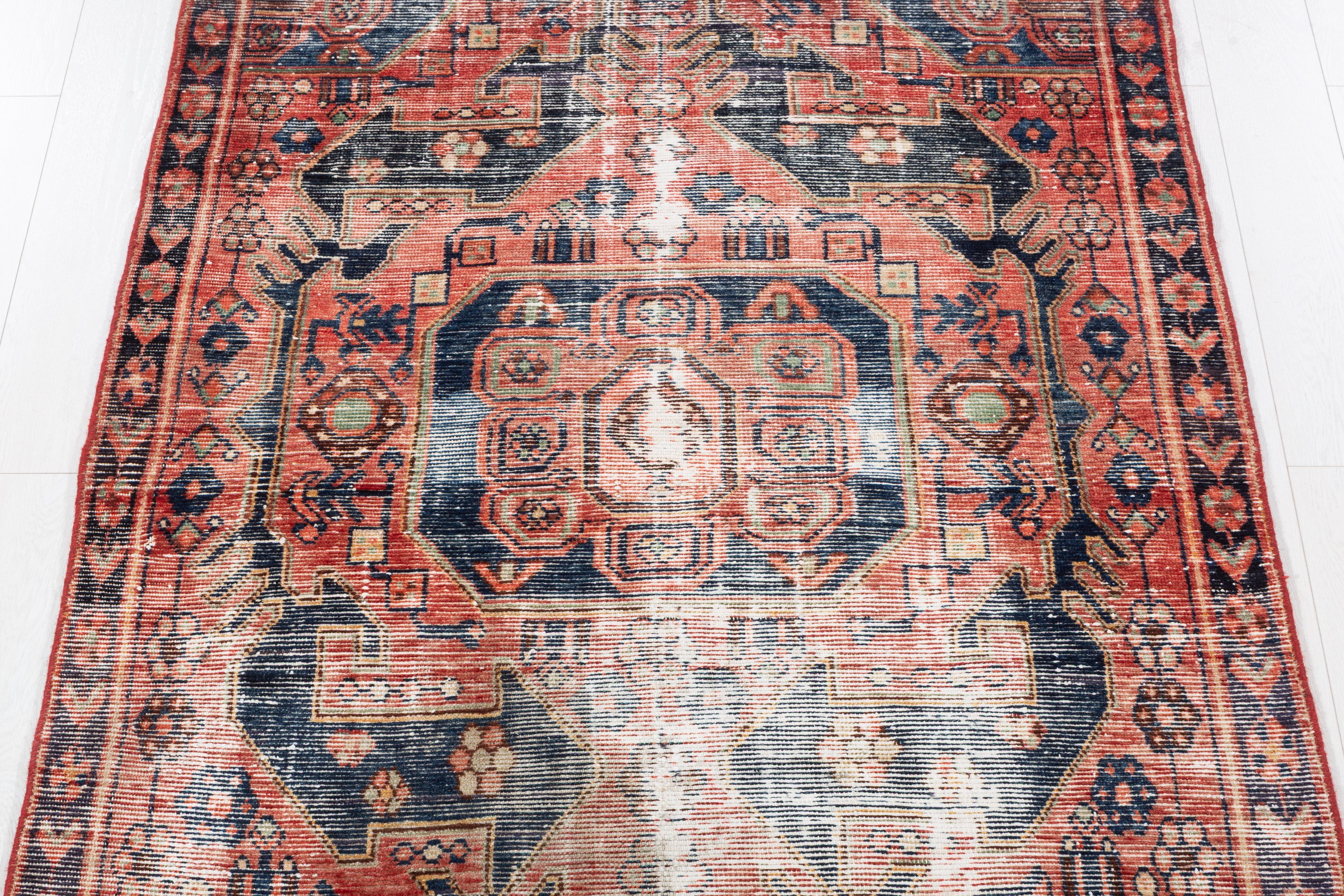 Collectible Vintage Faded Red, Navy Blue Distressed Floral Medallion Area Rug – 6' 5" x 4' 3" (195 x 130 cm)