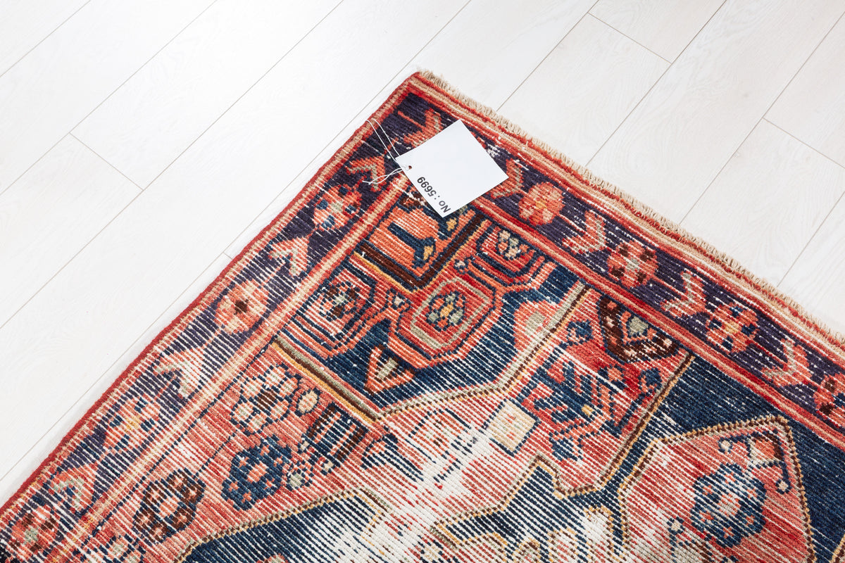 Collectible Vintage Faded Red, Navy Blue Distressed Floral Medallion Area Rug – 6' 5" x 4' 3" (195 x 130 cm)