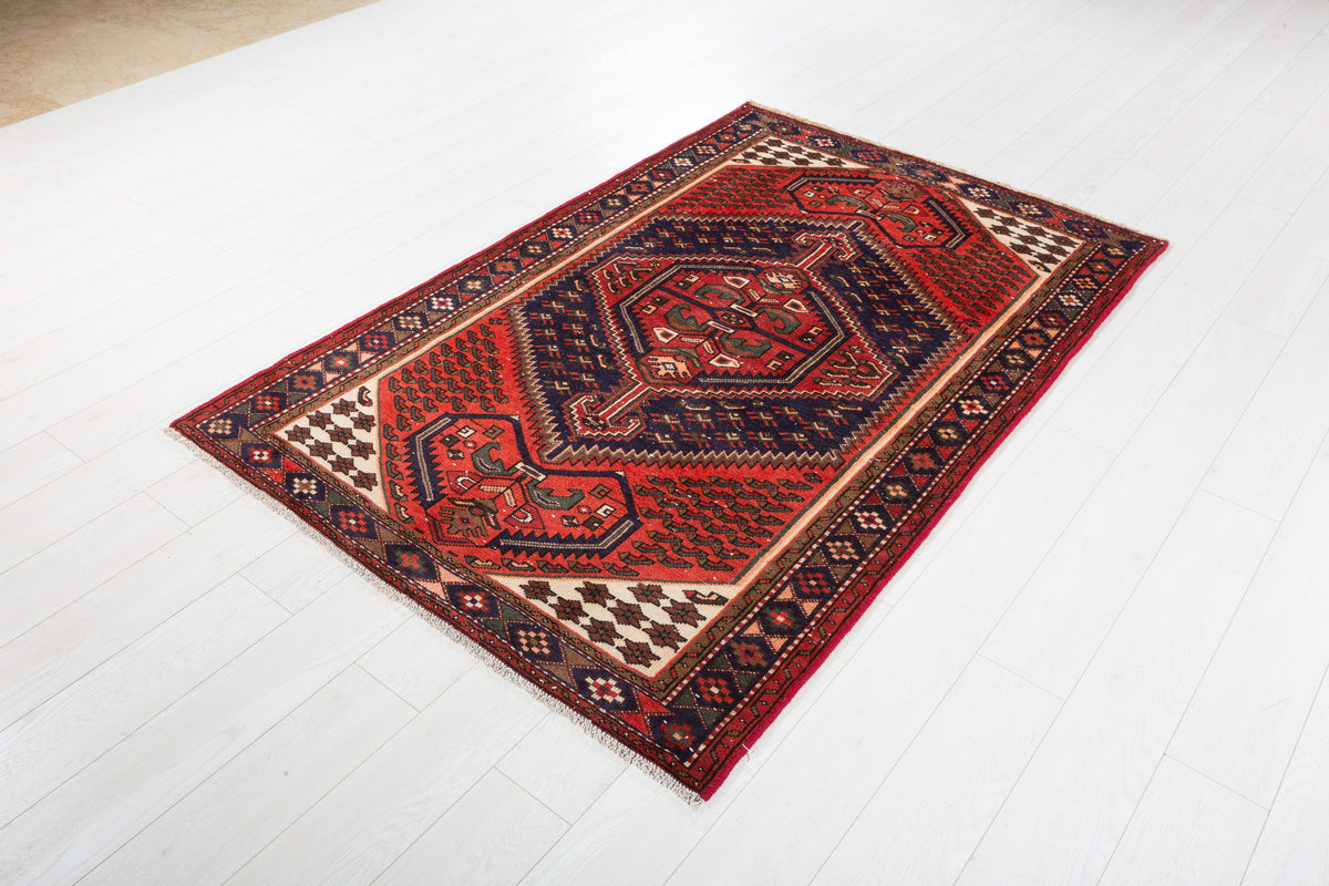 Vintage Coral, Navy Blue Diamond Medallion Area Rug – 6' 4" x 4' 1" (193 x 125 cm)
