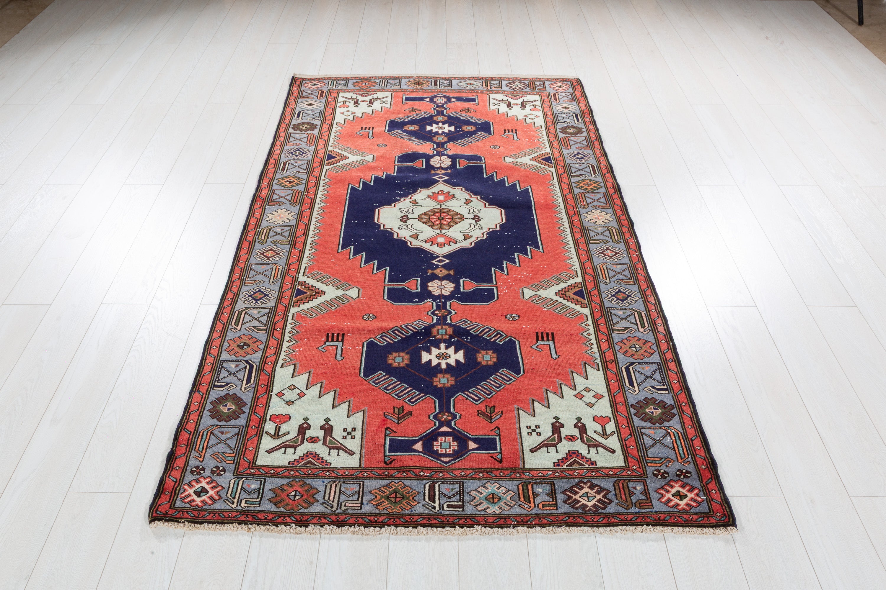 Collectible Vintage Coral, Navy Blue Triple Medallion Area Rug – 7' 0" x 4' 2" (213 x 127 cm)