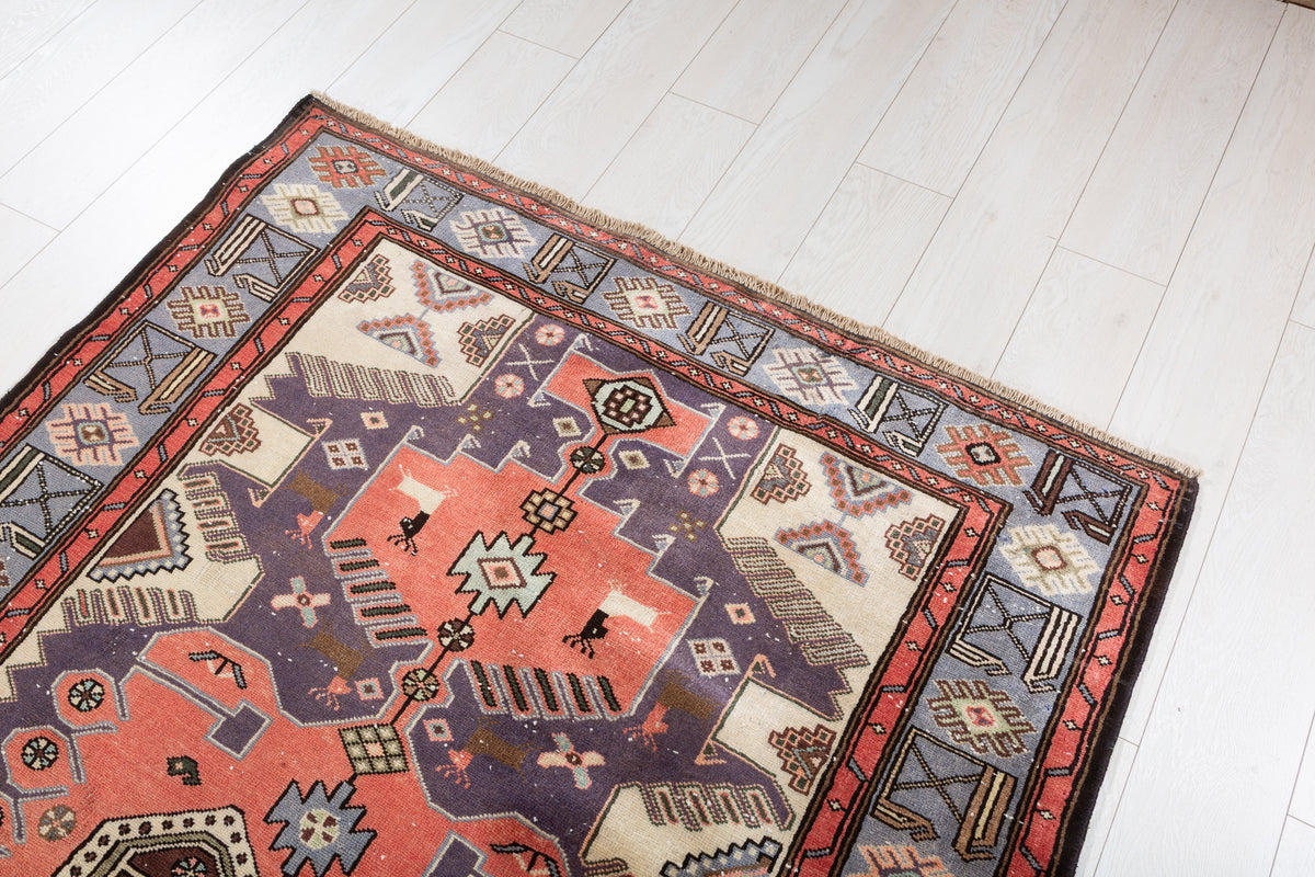 Collectible Vintage Bright Red, Blue Geometric Medallion Area Rug – 6' 6" x 4' 3" (197 x 130 cm)