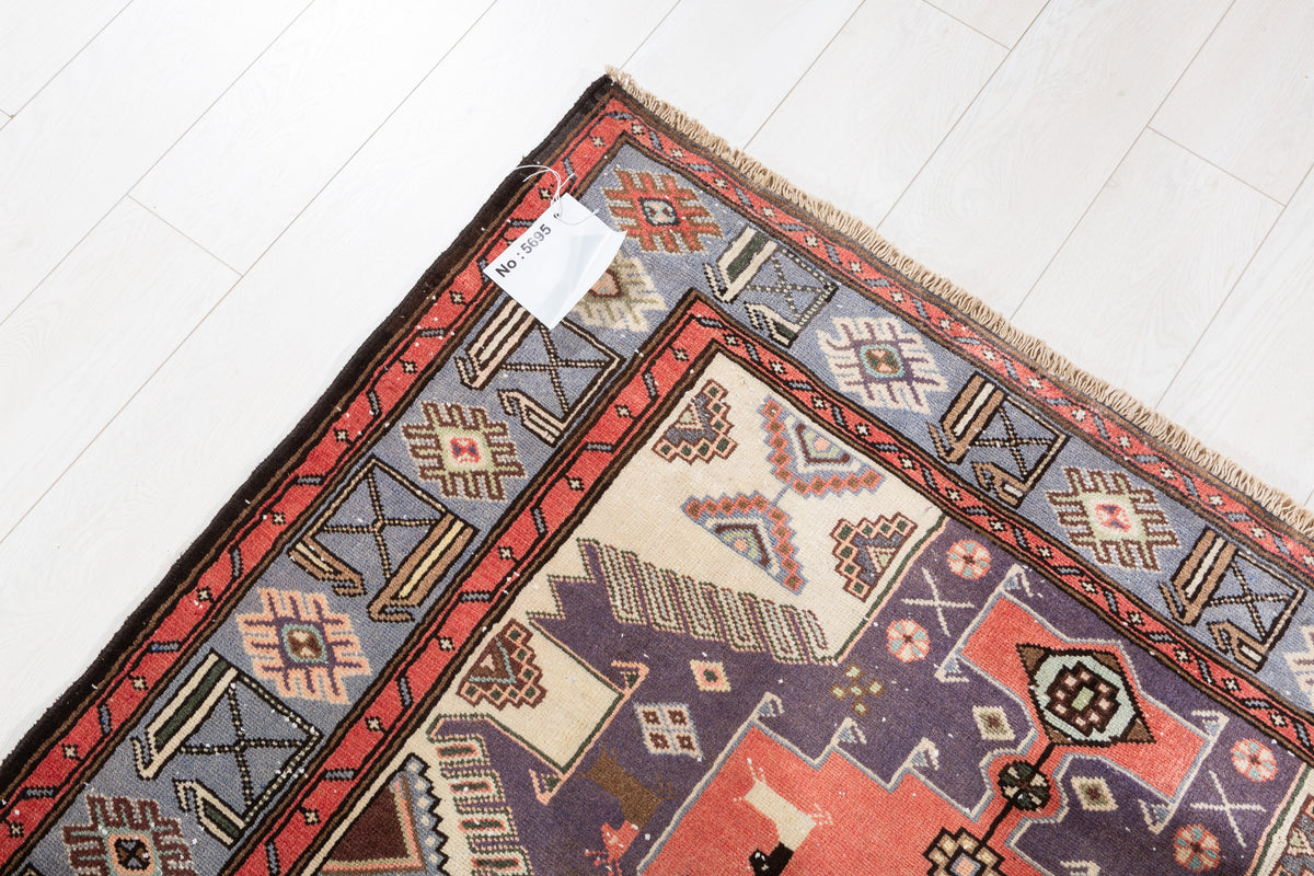 Collectible Vintage Bright Red, Blue Geometric Medallion Area Rug – 6' 6" x 4' 3" (197 x 130 cm)