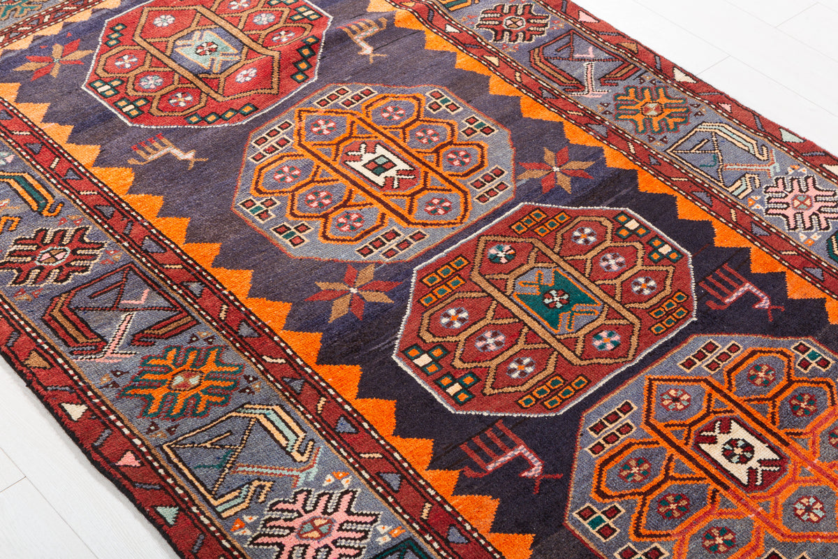 Collectible Vintage Navy Blue, Orange Triple Medallion Area Rug – 6' 9" x 4' 2" (207 x 127 cm)