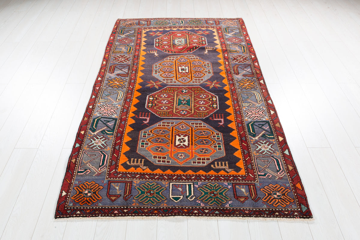 Collectible Vintage Navy Blue, Orange Triple Medallion Area Rug – 6' 9" x 4' 2" (207 x 127 cm)