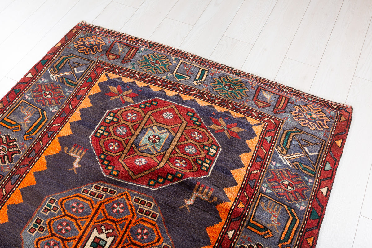 Collectible Vintage Navy Blue, Orange Triple Medallion Area Rug – 6' 9" x 4' 2" (207 x 127 cm)