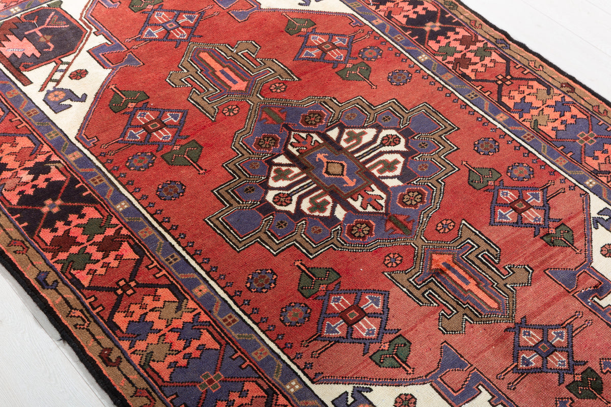 Vintage Rust Red, Navy Blue Central Medallion Area Rug – 6' 3" x 4' 3" (190 x 129 cm)