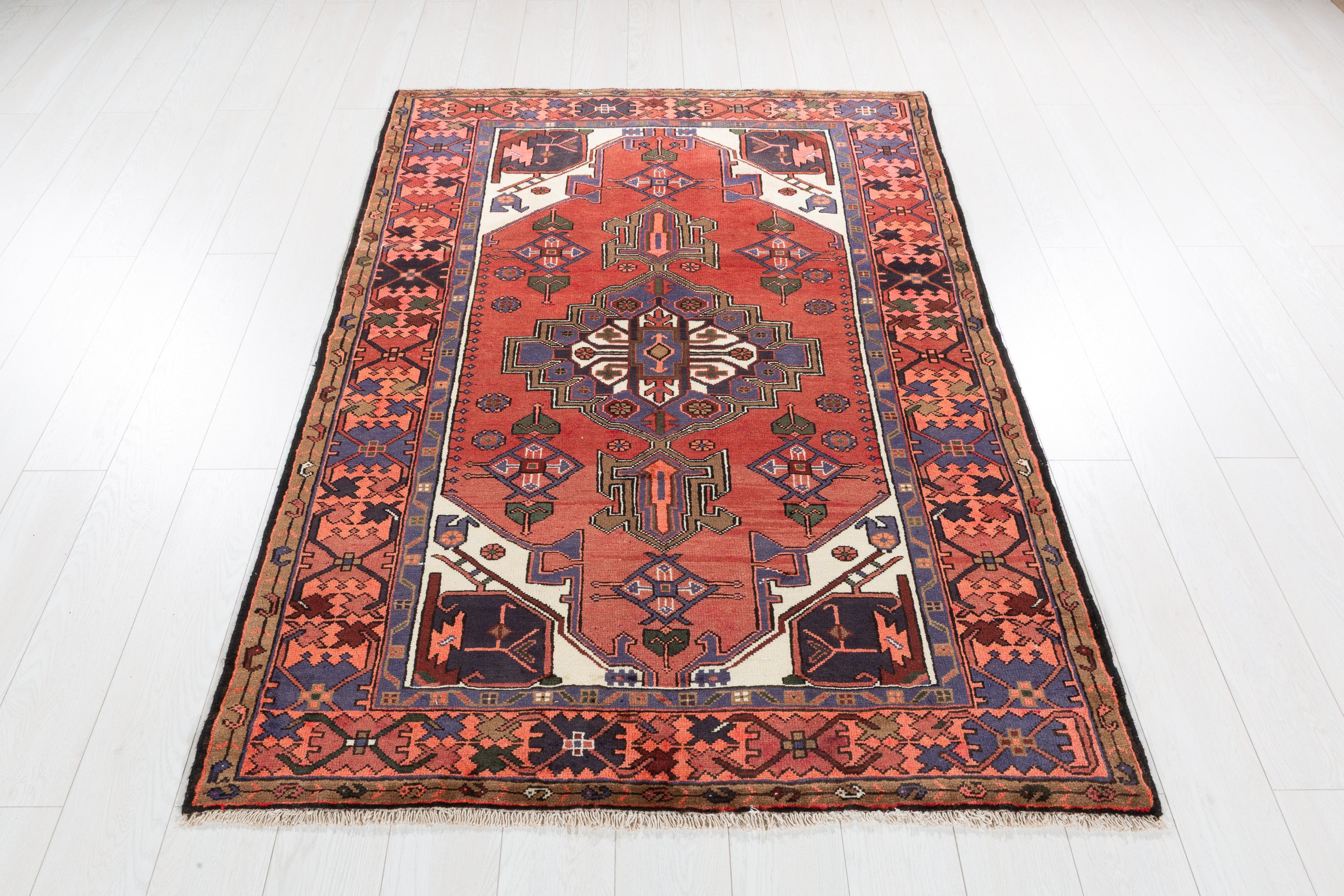 Vintage Rust Red, Navy Blue Central Medallion Area Rug – 6' 3" x 4' 3" (190 x 129 cm)