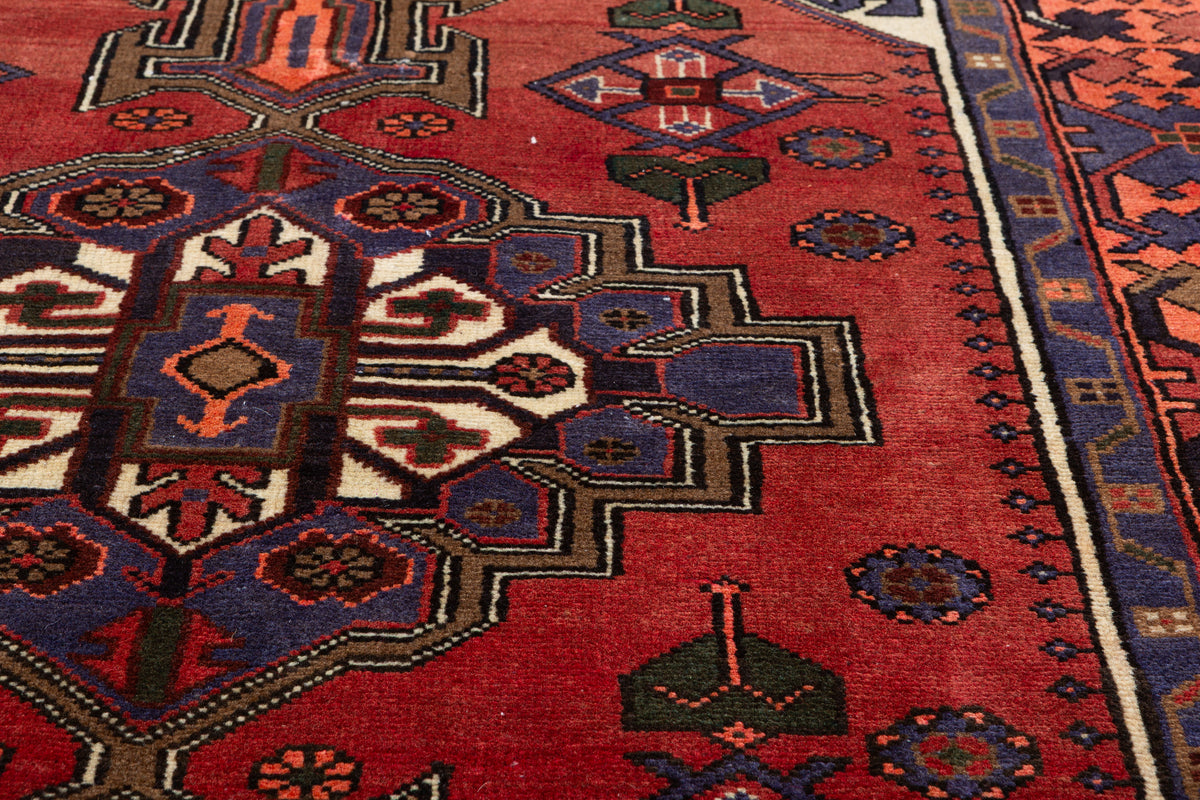 Vintage Rust Red, Navy Blue Central Medallion Area Rug – 6' 3" x 4' 3" (190 x 129 cm)