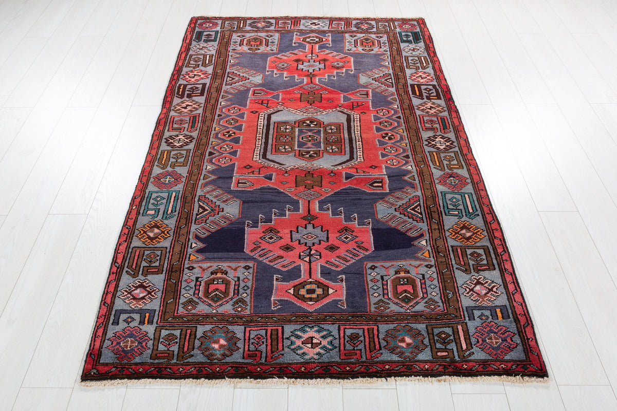 Collectible Vintage Navy Blue, Red Triple Medallion Area Rug – 6' 5" x 4' 3" (196 x 130 cm)
