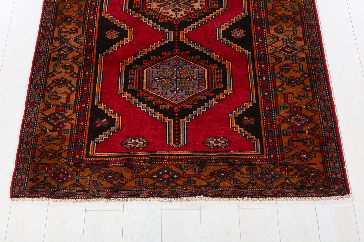 Collectible Vintage Red, Golden Brown Double Medallion Square Rug – 5' 0" x 4' 4" (152 x 131 cm)