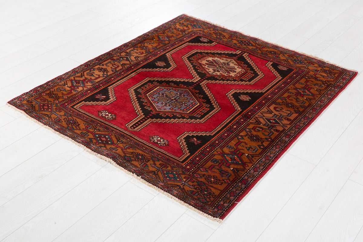 Collectible Vintage Red, Golden Brown Double Medallion Square Rug – 5' 0" x 4' 4" (152 x 131 cm)